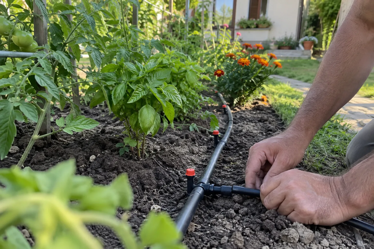 Illustrative drip irrigation installation scene in a garden